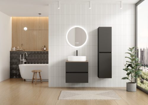 ACCENT cementszürke 100 cm széles 2 fiókos álló fürdőszobai alsószekrény lekerekített sarkú öntött márvány mosdóval és önbehúzó fiókrendszerrel